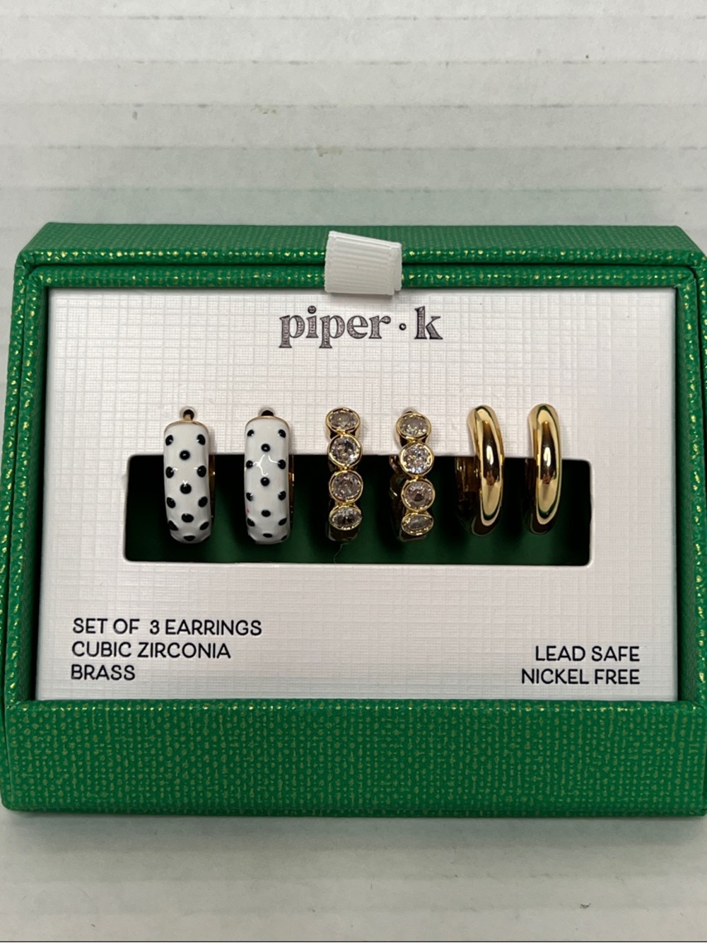 Piper K Polka Dot Gold Tone Brass Set of 3 Hoop Earrings New